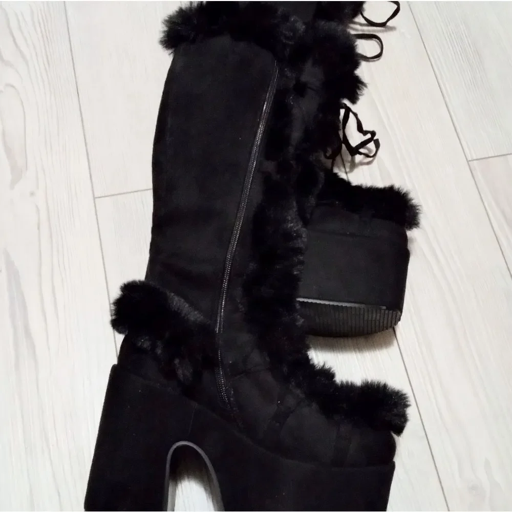 (T-4370) Platform Snow Boots for Women Furry Cozy Knee High Boots Sz 35 (4.5)